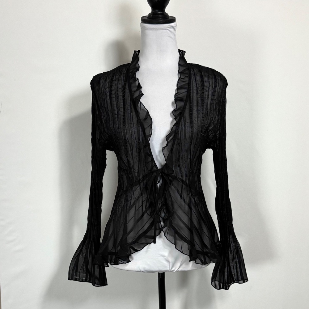 Y2K‎ Vintage Sheer Black Tie Front Cardigan Top Size L M Flare Whimsy Fairy Goth